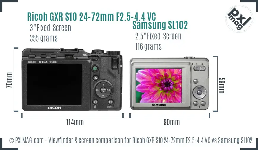 Ricoh GXR S10 24-72mm F2.5-4.4 VC vs Samsung SL102 Screen and Viewfinder comparison