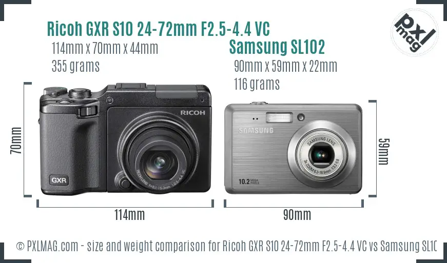 Ricoh GXR S10 24-72mm F2.5-4.4 VC vs Samsung SL102 size comparison