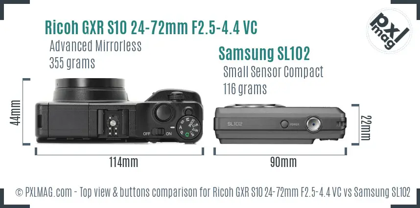 Ricoh GXR S10 24-72mm F2.5-4.4 VC vs Samsung SL102 top view buttons comparison