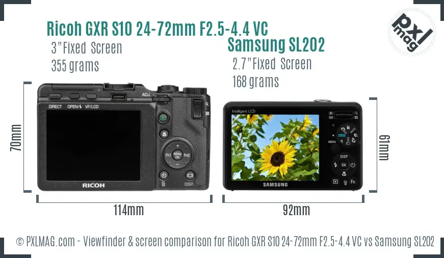 Ricoh GXR S10 24-72mm F2.5-4.4 VC vs Samsung SL202 Screen and Viewfinder comparison