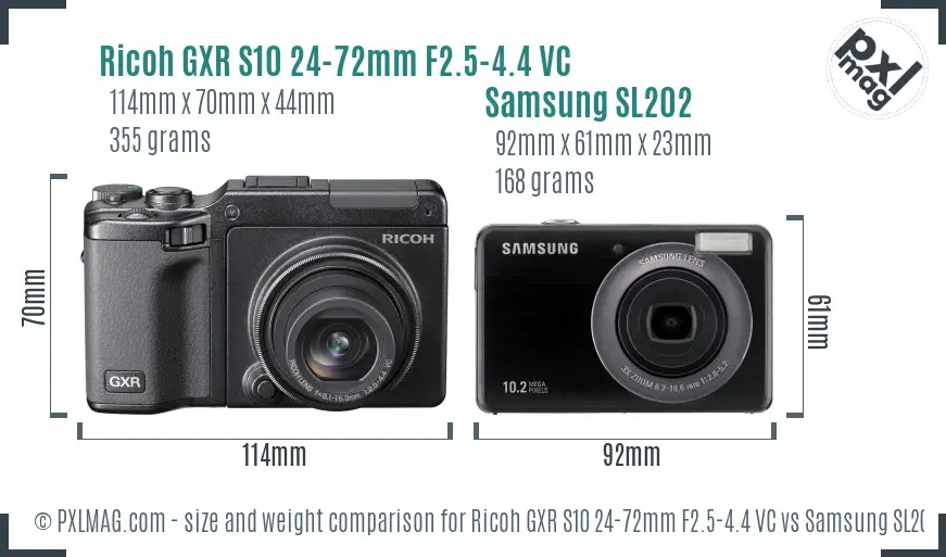 Ricoh GXR S10 24-72mm F2.5-4.4 VC vs Samsung SL202 size comparison