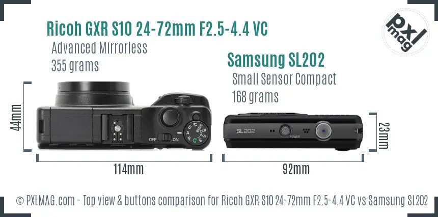 Ricoh GXR S10 24-72mm F2.5-4.4 VC vs Samsung SL202 top view buttons comparison
