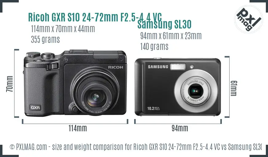 Ricoh GXR S10 24-72mm F2.5-4.4 VC vs Samsung SL30 size comparison