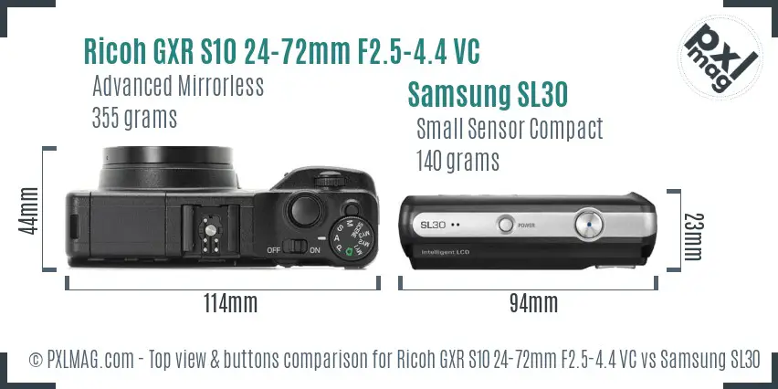 Ricoh GXR S10 24-72mm F2.5-4.4 VC vs Samsung SL30 top view buttons comparison