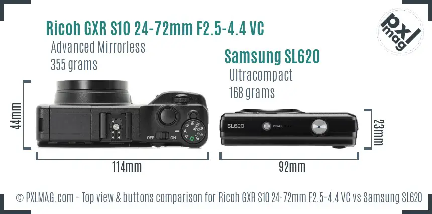 Ricoh GXR S10 24-72mm F2.5-4.4 VC vs Samsung SL620 top view buttons comparison