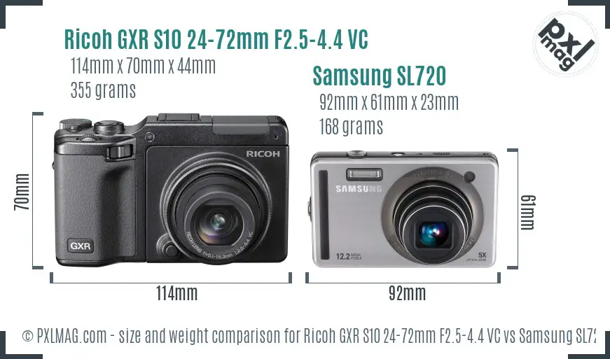 Ricoh GXR S10 24-72mm F2.5-4.4 VC vs Samsung SL720 size comparison