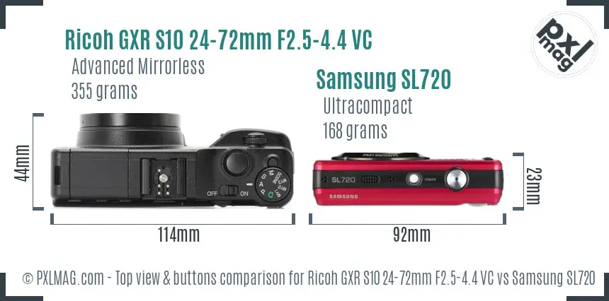 Ricoh GXR S10 24-72mm F2.5-4.4 VC vs Samsung SL720 top view buttons comparison