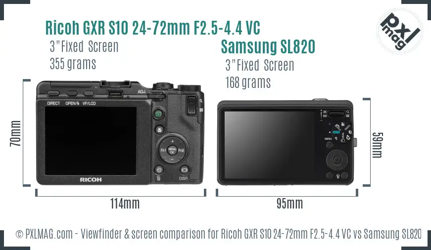 Ricoh GXR S10 24-72mm F2.5-4.4 VC vs Samsung SL820 Screen and Viewfinder comparison