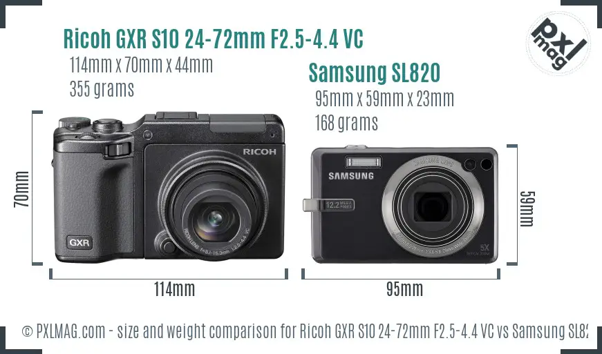 Ricoh GXR S10 24-72mm F2.5-4.4 VC vs Samsung SL820 size comparison