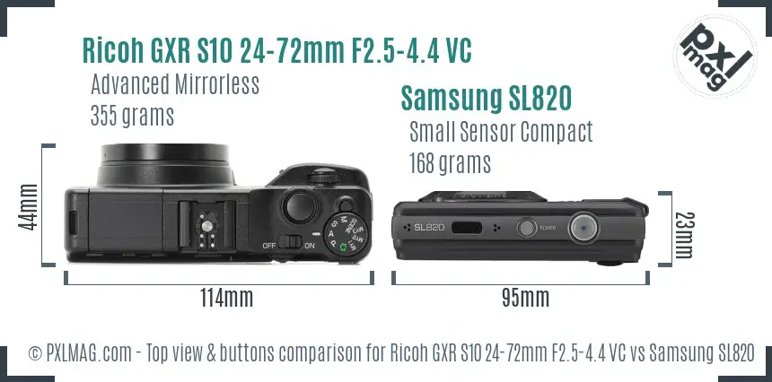 Ricoh GXR S10 24-72mm F2.5-4.4 VC vs Samsung SL820 top view buttons comparison