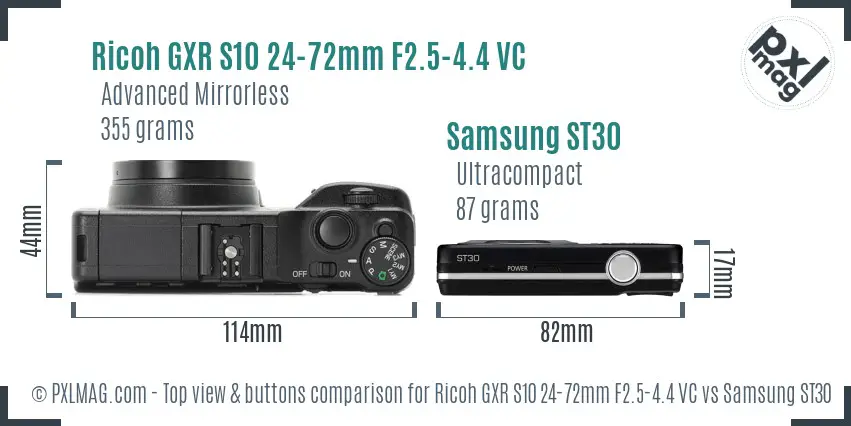 Ricoh GXR S10 24-72mm F2.5-4.4 VC vs Samsung ST30 top view buttons comparison