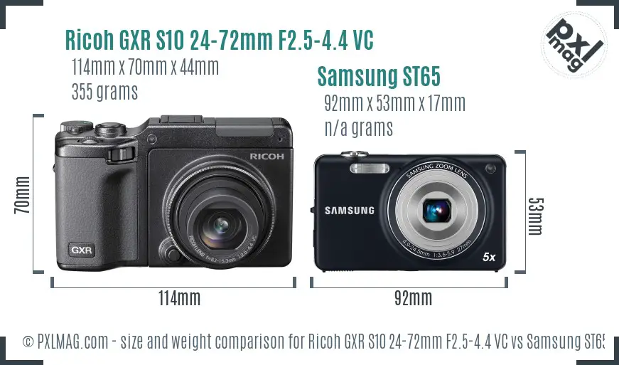Ricoh GXR S10 24-72mm F2.5-4.4 VC vs Samsung ST65 size comparison