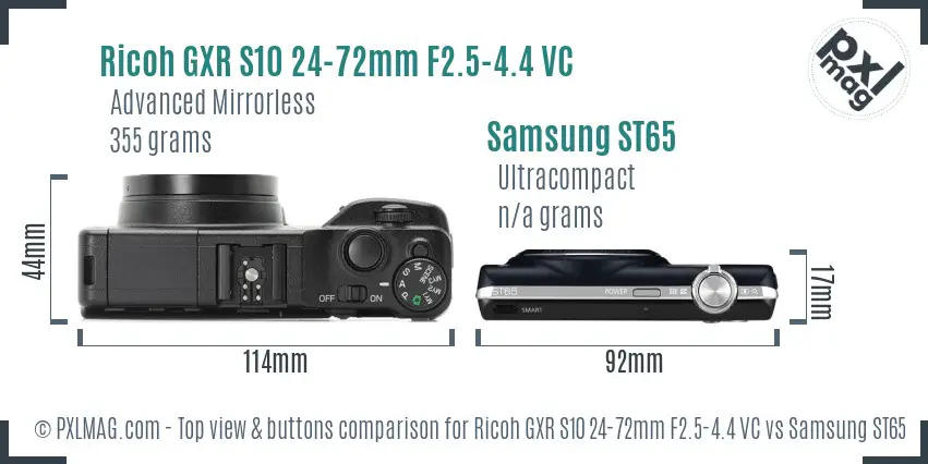 Ricoh GXR S10 24-72mm F2.5-4.4 VC vs Samsung ST65 top view buttons comparison