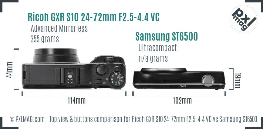 Ricoh GXR S10 24-72mm F2.5-4.4 VC vs Samsung ST6500 top view buttons comparison