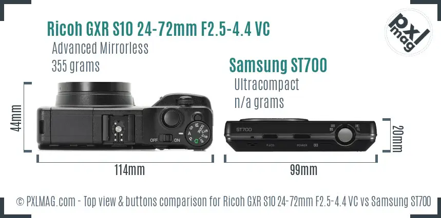 Ricoh GXR S10 24-72mm F2.5-4.4 VC vs Samsung ST700 top view buttons comparison