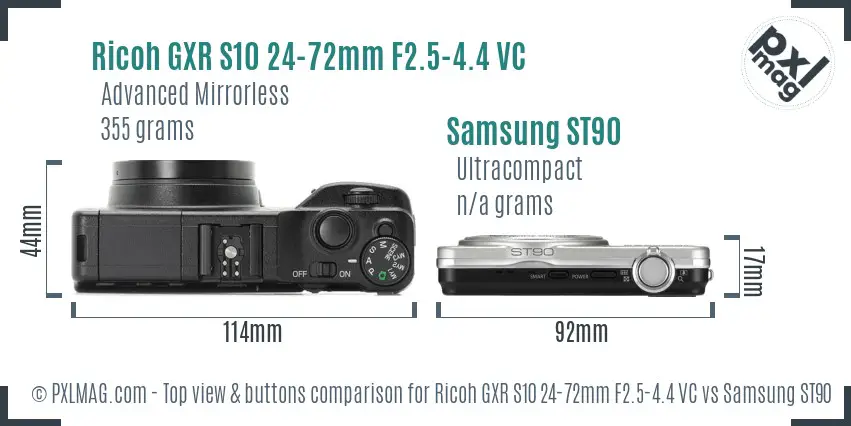 Ricoh GXR S10 24-72mm F2.5-4.4 VC vs Samsung ST90 top view buttons comparison