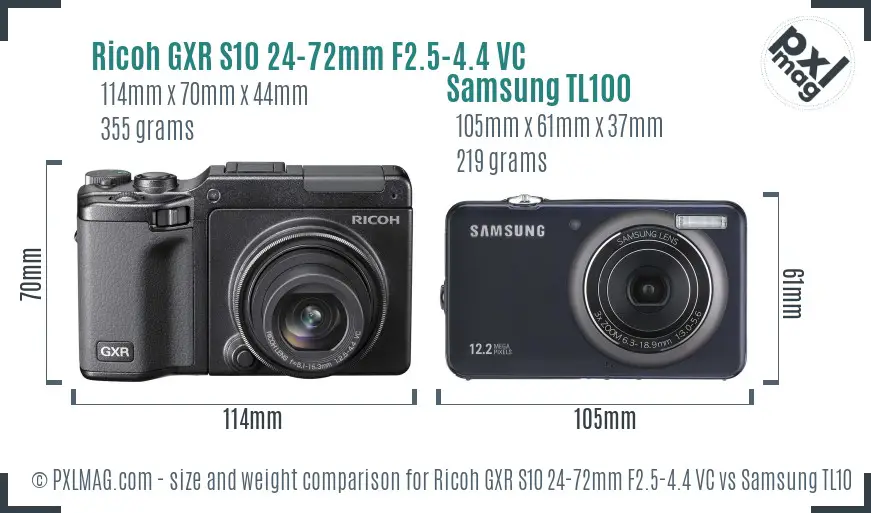 Ricoh GXR S10 24-72mm F2.5-4.4 VC vs Samsung TL100 size comparison