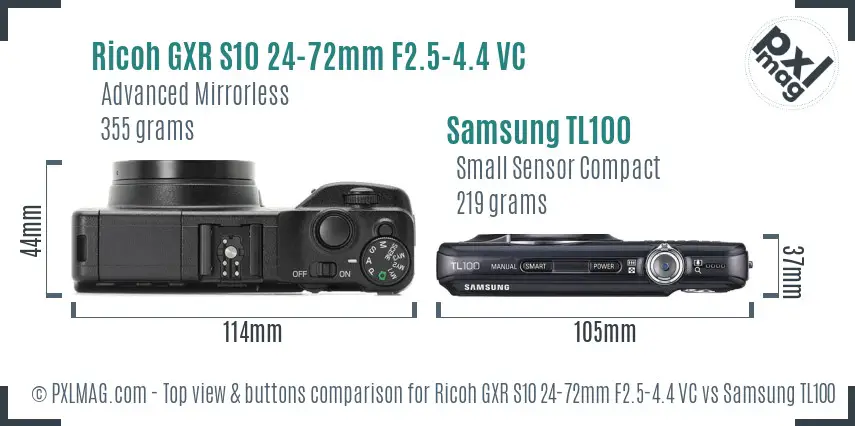 Ricoh GXR S10 24-72mm F2.5-4.4 VC vs Samsung TL100 top view buttons comparison