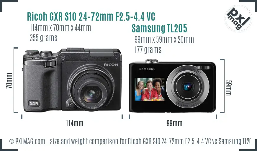 Ricoh GXR S10 24-72mm F2.5-4.4 VC vs Samsung TL205 size comparison