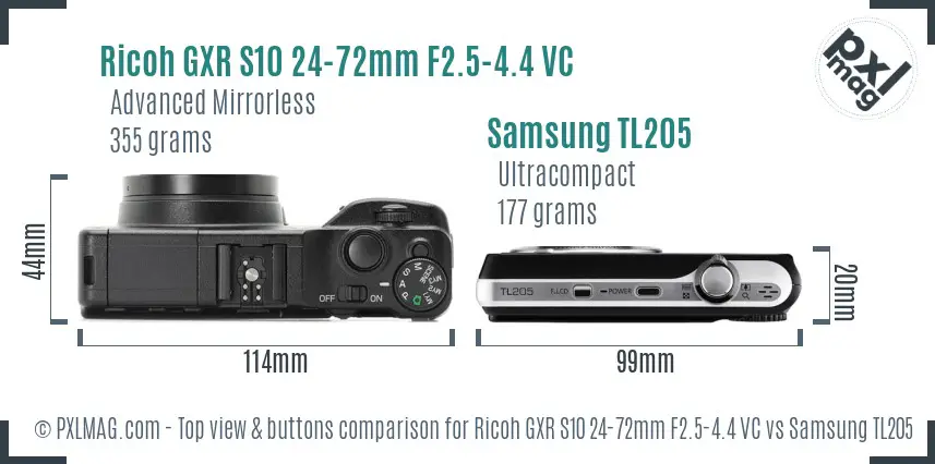 Ricoh GXR S10 24-72mm F2.5-4.4 VC vs Samsung TL205 top view buttons comparison