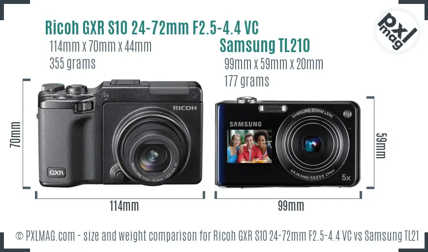 Ricoh GXR S10 24-72mm F2.5-4.4 VC vs Samsung TL210 size comparison