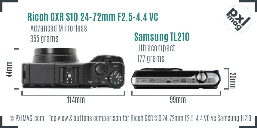 Ricoh GXR S10 24-72mm F2.5-4.4 VC vs Samsung TL210 top view buttons comparison