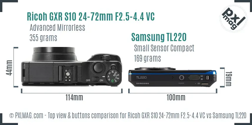 Ricoh GXR S10 24-72mm F2.5-4.4 VC vs Samsung TL220 top view buttons comparison Ricoh GXR S10 24-72mm F2.5-4.4 VC vs Samsung TL220 top view buttons comparison