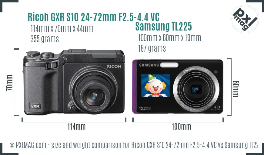 Ricoh GXR S10 24-72mm F2.5-4.4 VC vs Samsung TL225 size comparison