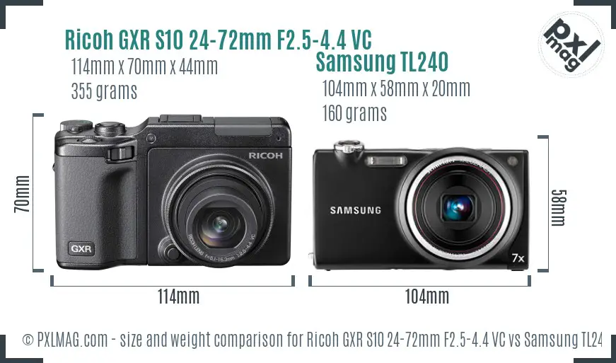 Ricoh GXR S10 24-72mm F2.5-4.4 VC vs Samsung TL240 size comparison