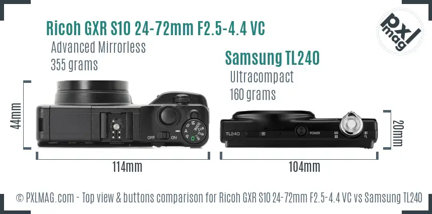 Ricoh GXR S10 24-72mm F2.5-4.4 VC vs Samsung TL240 top view buttons comparison