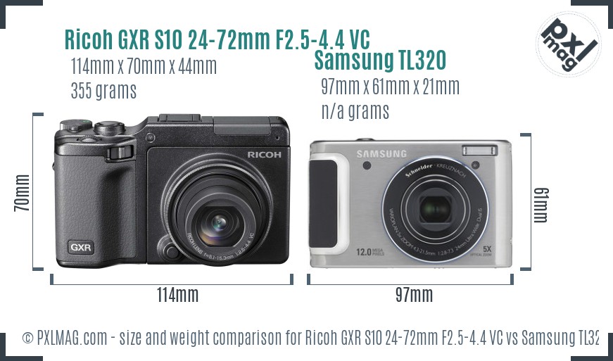 Ricoh GXR S10 24-72mm F2.5-4.4 VC vs Samsung TL320 size comparison