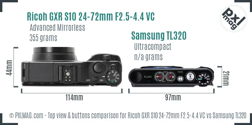 Ricoh GXR S10 24-72mm F2.5-4.4 VC vs Samsung TL320 top view buttons comparison