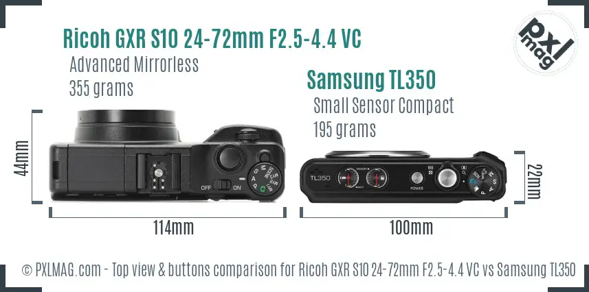 Ricoh GXR S10 24-72mm F2.5-4.4 VC vs Samsung TL350 top view buttons comparison