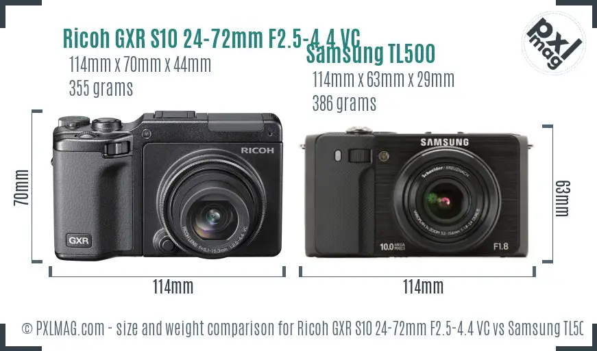 Ricoh GXR S10 24-72mm F2.5-4.4 VC vs Samsung TL500 size comparison