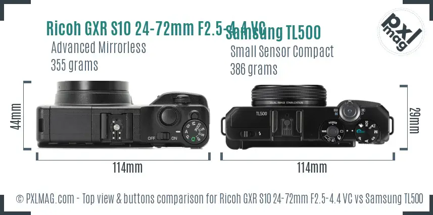 Ricoh GXR S10 24-72mm F2.5-4.4 VC vs Samsung TL500 top view buttons comparison