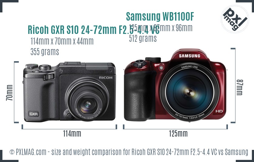 Ricoh GXR S10 24-72mm F2.5-4.4 VC vs Samsung WB1100F size comparison