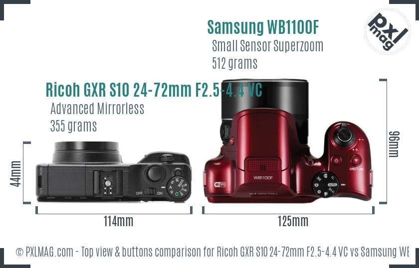 Ricoh GXR S10 24-72mm F2.5-4.4 VC vs Samsung WB1100F top view buttons comparison