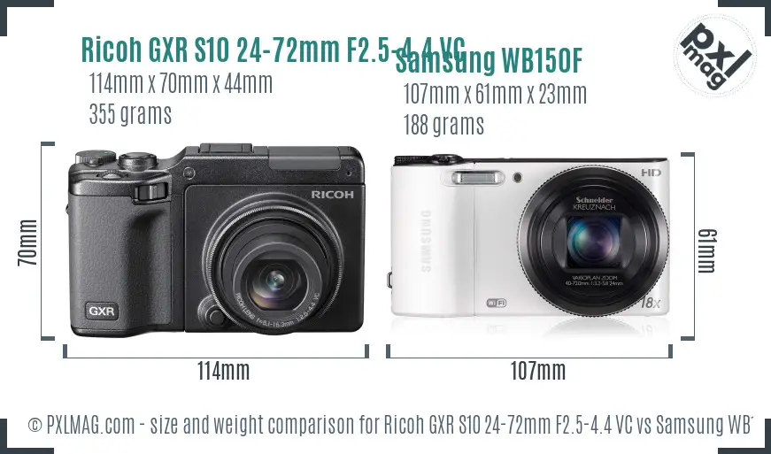 Ricoh GXR S10 24-72mm F2.5-4.4 VC vs Samsung WB150F size comparison