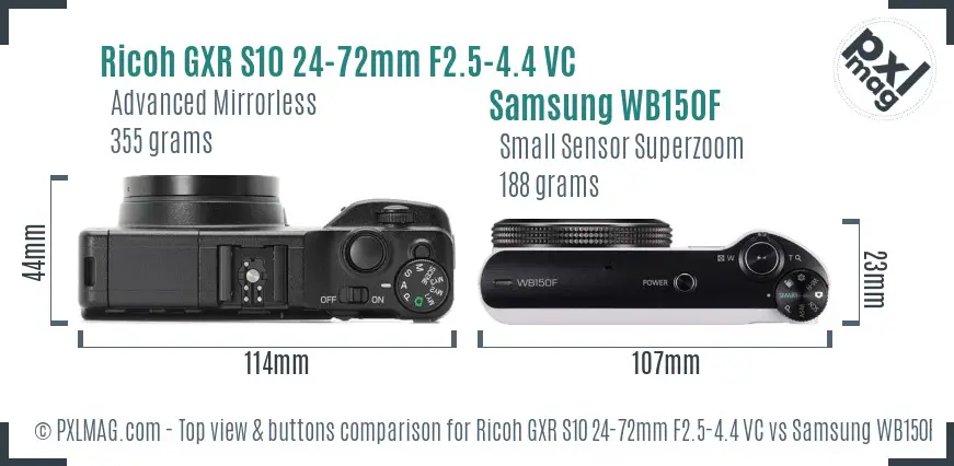 Ricoh GXR S10 24-72mm F2.5-4.4 VC vs Samsung WB150F top view buttons comparison