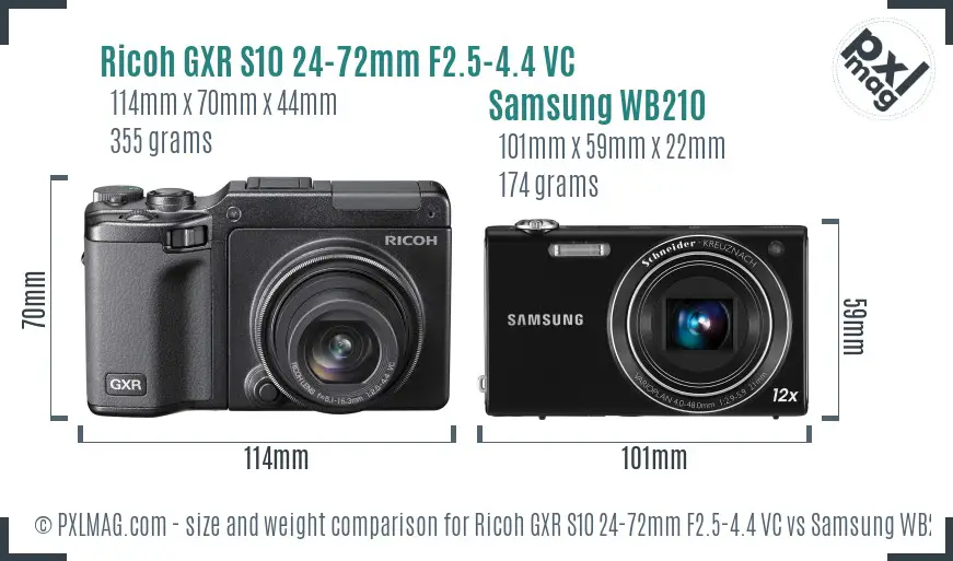 Ricoh GXR S10 24-72mm F2.5-4.4 VC vs Samsung WB210 size comparison