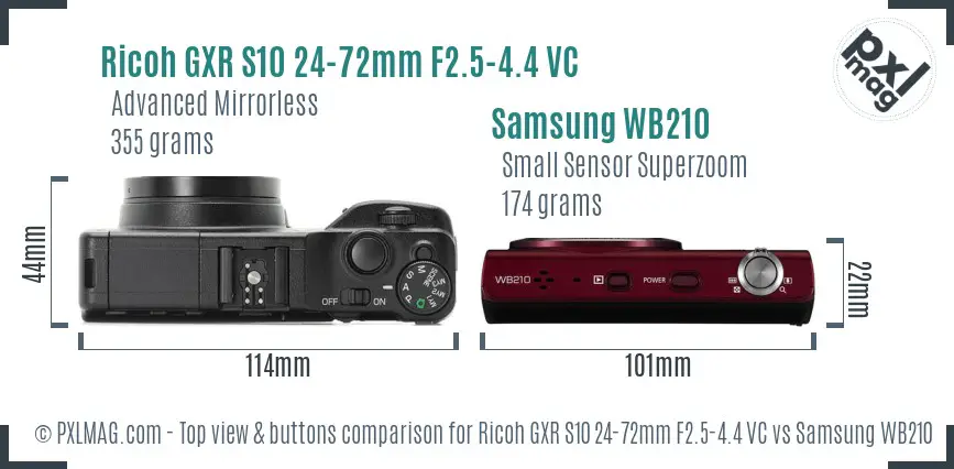 Ricoh GXR S10 24-72mm F2.5-4.4 VC vs Samsung WB210 top view buttons comparison