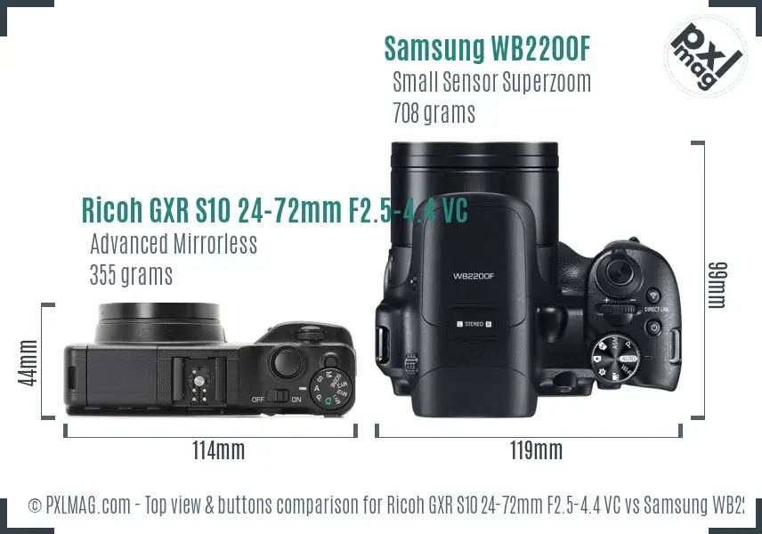 Ricoh GXR S10 24-72mm F2.5-4.4 VC vs Samsung WB2200F top view buttons comparison