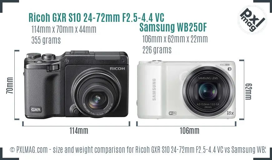 Ricoh GXR S10 24-72mm F2.5-4.4 VC vs Samsung WB250F size comparison