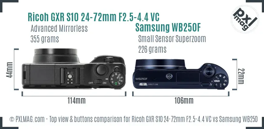 Ricoh GXR S10 24-72mm F2.5-4.4 VC vs Samsung WB250F top view buttons comparison