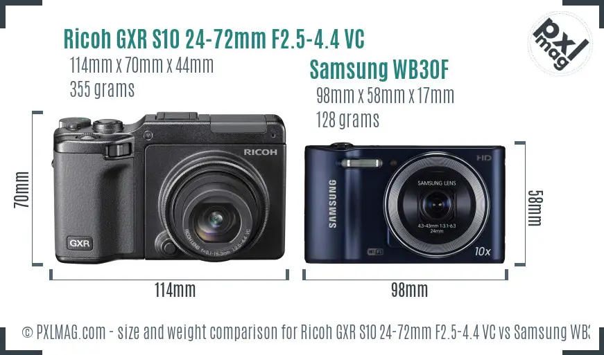 Ricoh GXR S10 24-72mm F2.5-4.4 VC vs Samsung WB30F size comparison