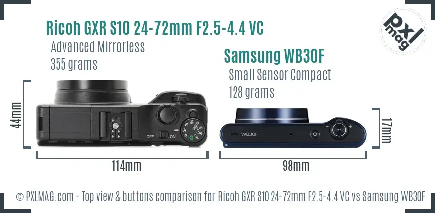 Ricoh GXR S10 24-72mm F2.5-4.4 VC vs Samsung WB30F top view buttons comparison