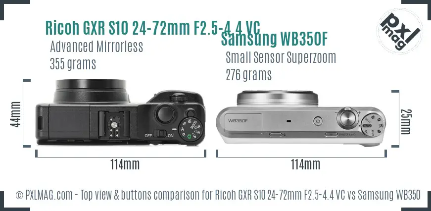 Ricoh GXR S10 24-72mm F2.5-4.4 VC vs Samsung WB350F top view buttons comparison