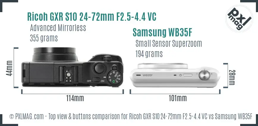 Ricoh GXR S10 24-72mm F2.5-4.4 VC vs Samsung WB35F top view buttons comparison