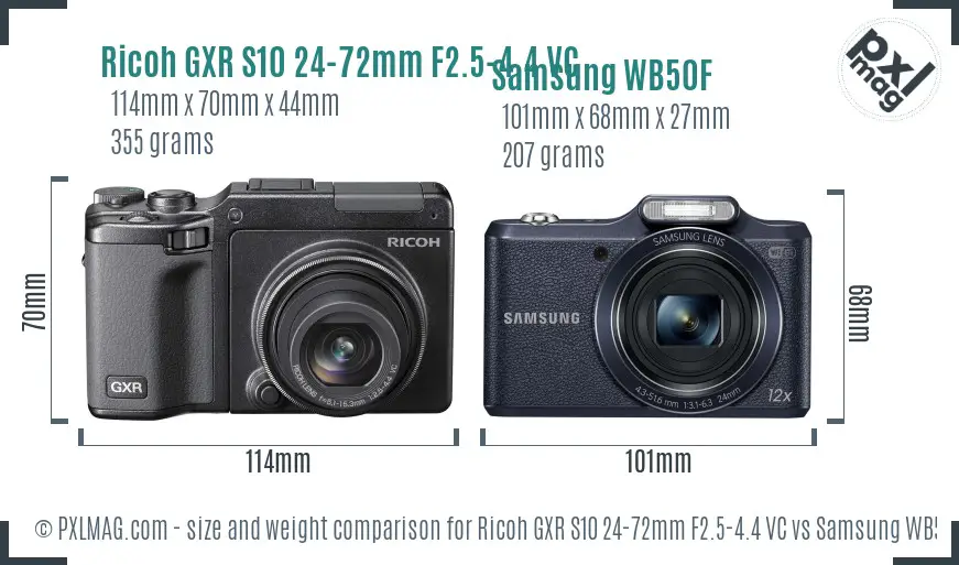 Ricoh GXR S10 24-72mm F2.5-4.4 VC vs Samsung WB50F size comparison