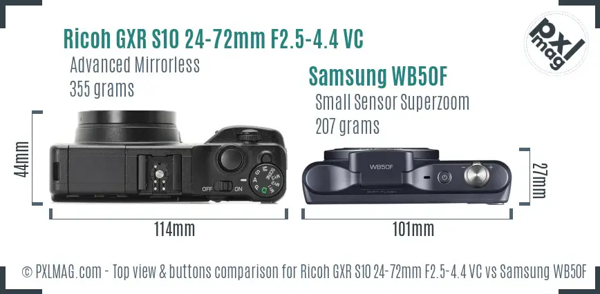 Ricoh GXR S10 24-72mm F2.5-4.4 VC vs Samsung WB50F top view buttons comparison